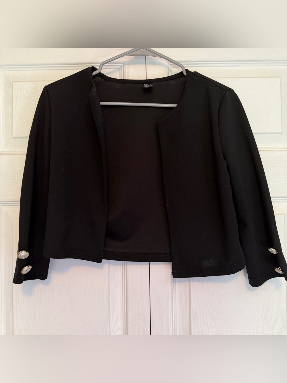 Black Cropped Open-Front Blazer with Silver Cuff Buttons